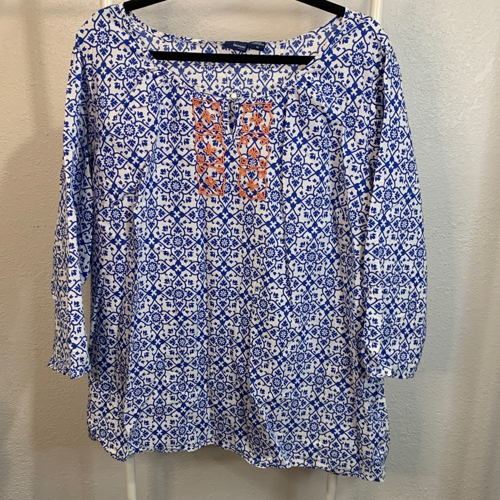 Basic Editions Blue and White Blouse‎ with Orange Accents